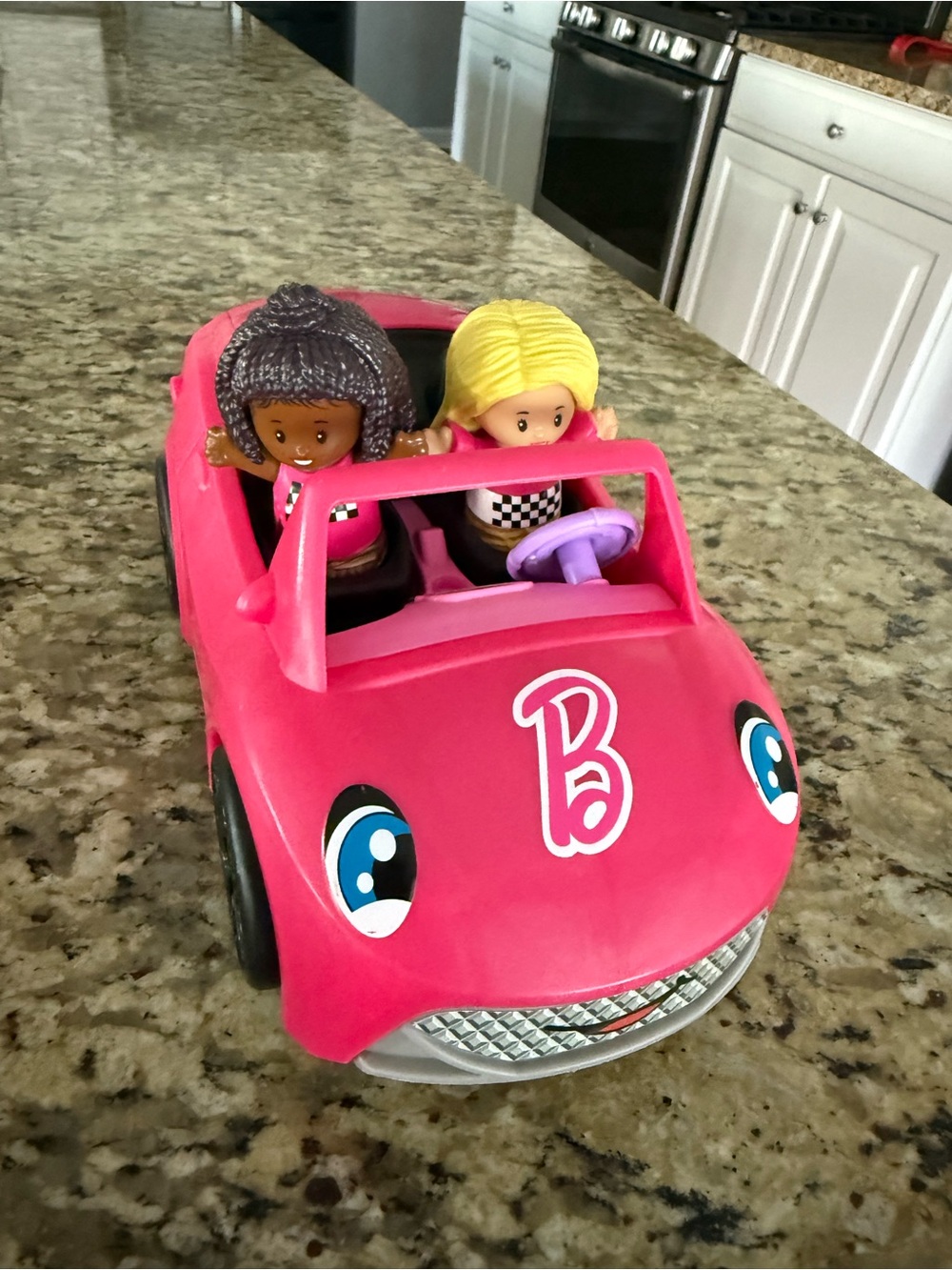 Barbie-Style Pink Convertible Toy Car with Two Little People Dolls